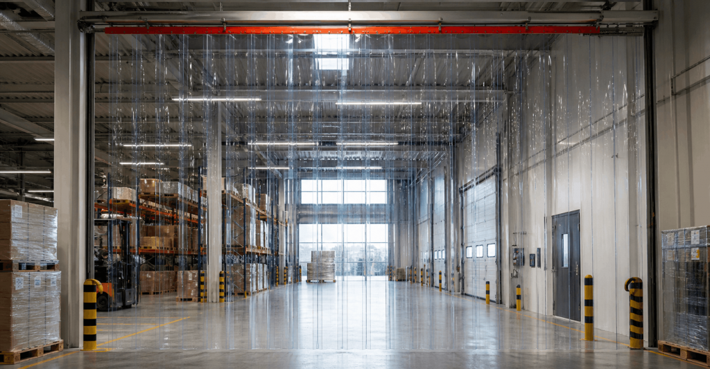 Großflächige Lagerhallen-Abtrennung mit transparenten PVC-Streifenvorhängen für optimierte Logistikprozesse.