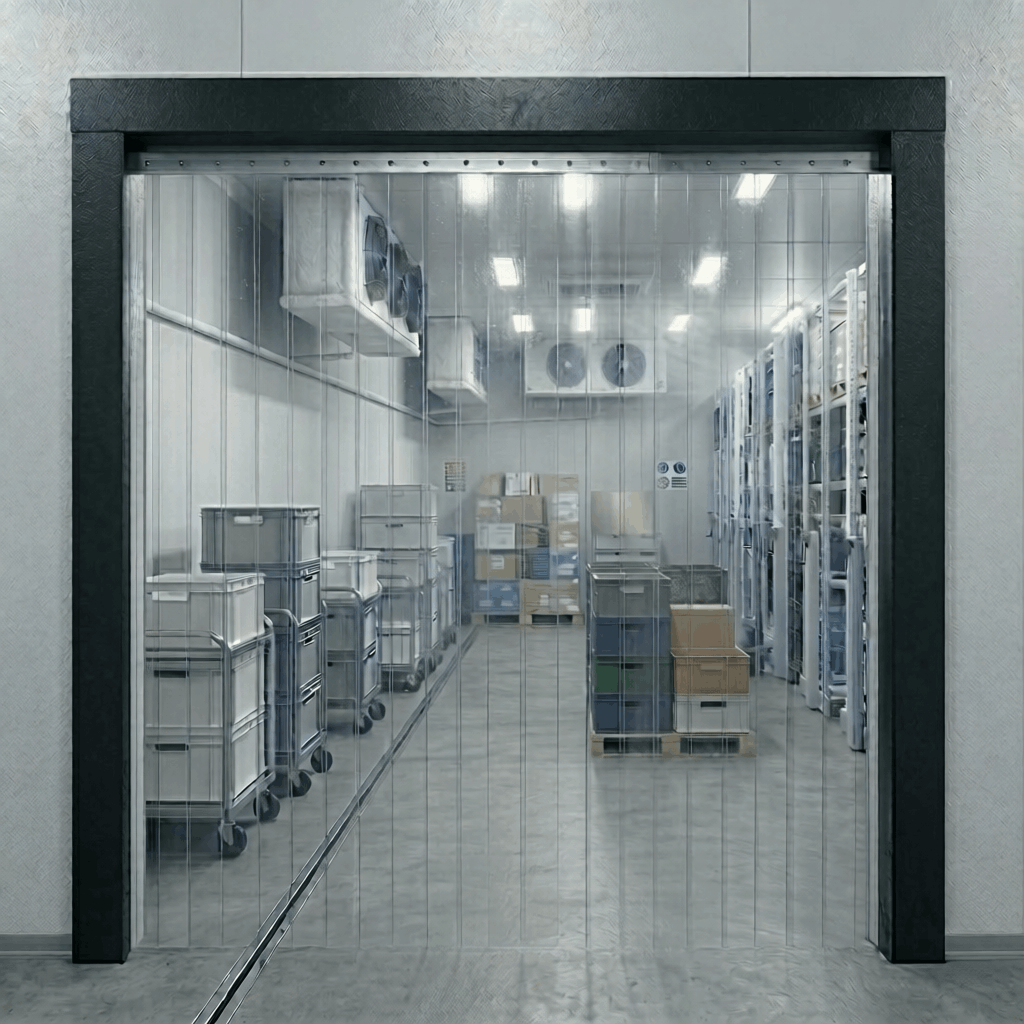 Effiziente Thermo-Isolierung. Transparenter PVC-Streifenvorhang schützt im industriellen Kühlhaus vor Energieverlust.