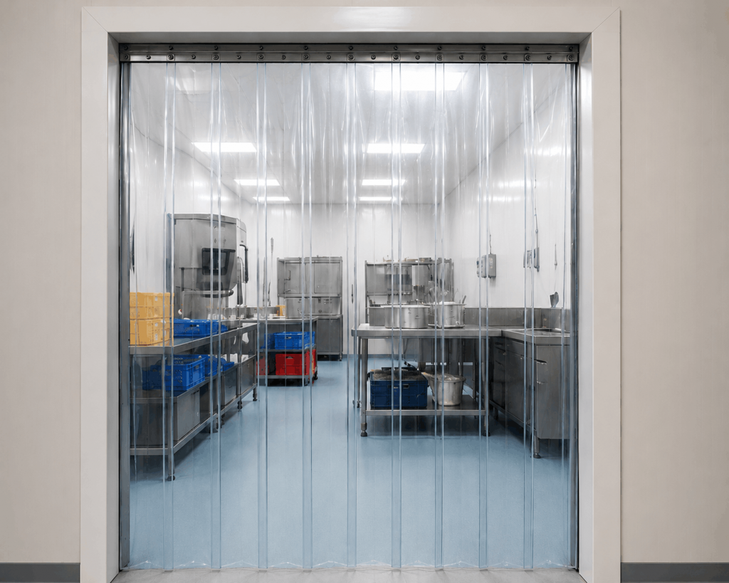 PVC kälteschutz Lamellen oder Transparenter PVC-Lamellenvorhang, als hygienischer Kälteschutz am Eingang einer industriellen Großküche.