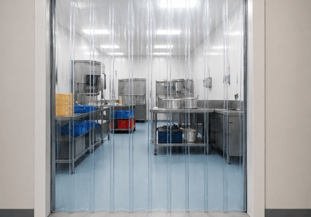 PVC kälteschutz Lamellen oder Transparenter PVC-Lamellenvorhang, als hygienischer Kälteschutz am Eingang einer industriellen Großküche.