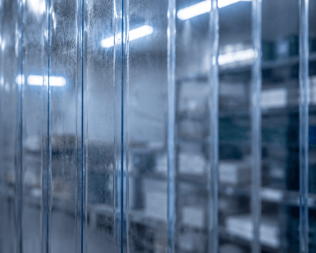 PVC kälteschutz Lamellen, Transparenter Kälteschutz-Lamellenvorhang vor industriellen Lagerregalen in einem Kühldepot.