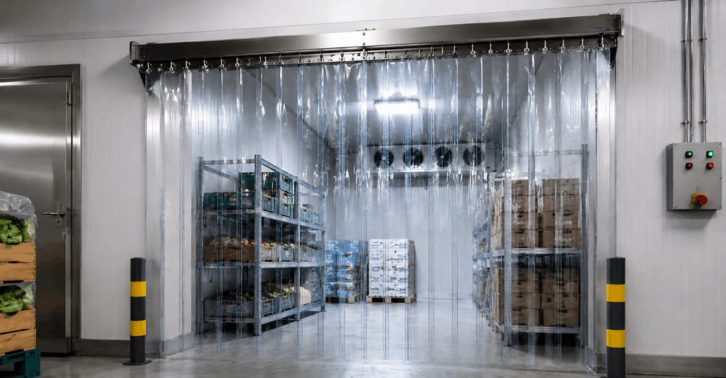Transparenter Kälteschutzvorhang am Eingang eines gewerblichen Kühlhauses mit Lagersystemen für die Gastronomie.