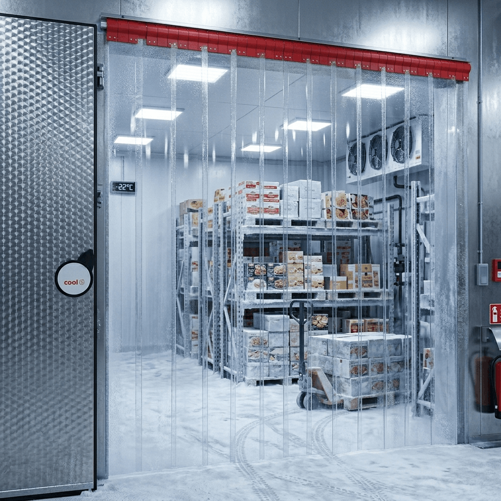Roter PVC-Streifenvorhang am Eingang eines industriellen Tiefkühllagers mit Palettenregalen zur Kälteisolierung.