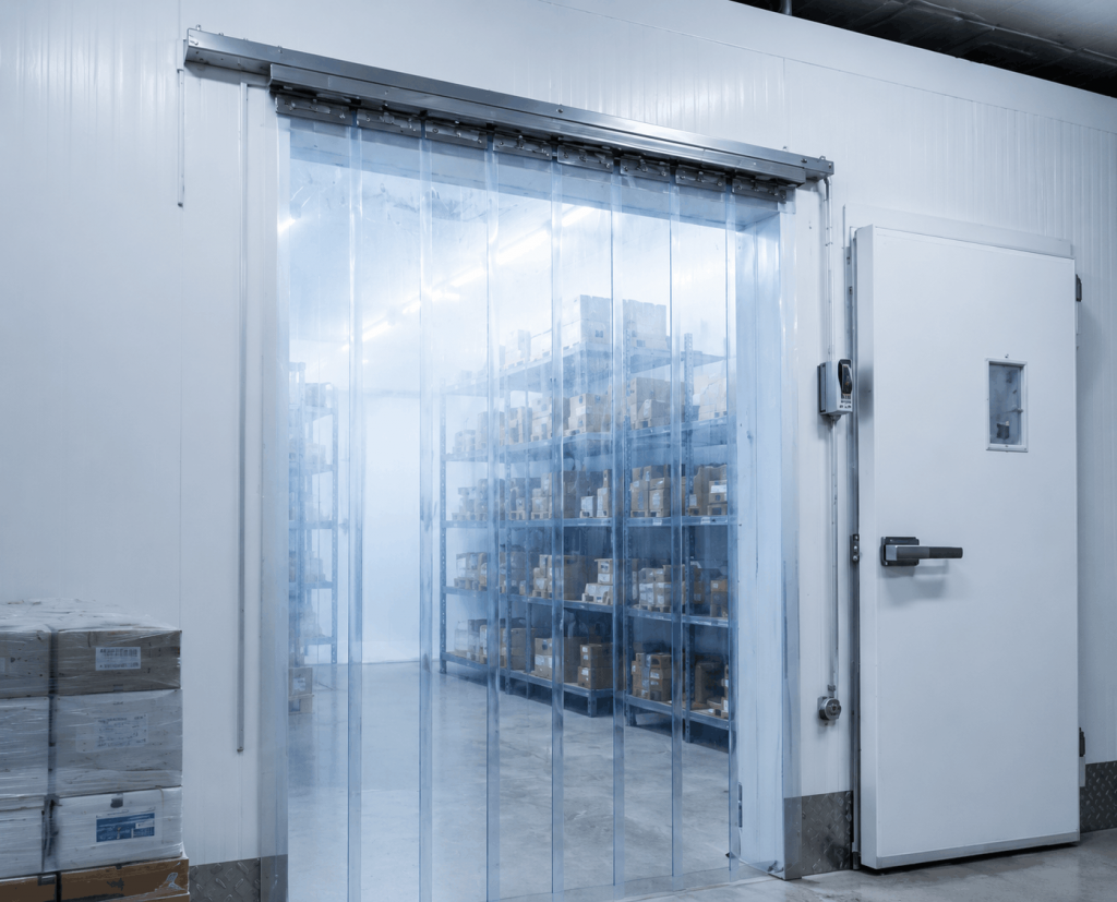 PVC kälteschutz Lamellen , Transparenter PVC-Streifenvorhang neben einer geöffneten Kühlraumtür mit Blick auf die innenliegenden Lagerregale.