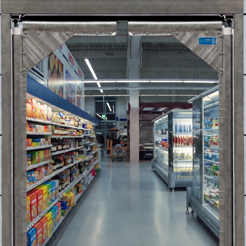 Kälteschutzvorhang im Supermarkt zur Abtrennung des Kühlbereichs vom Verkaufsraum.