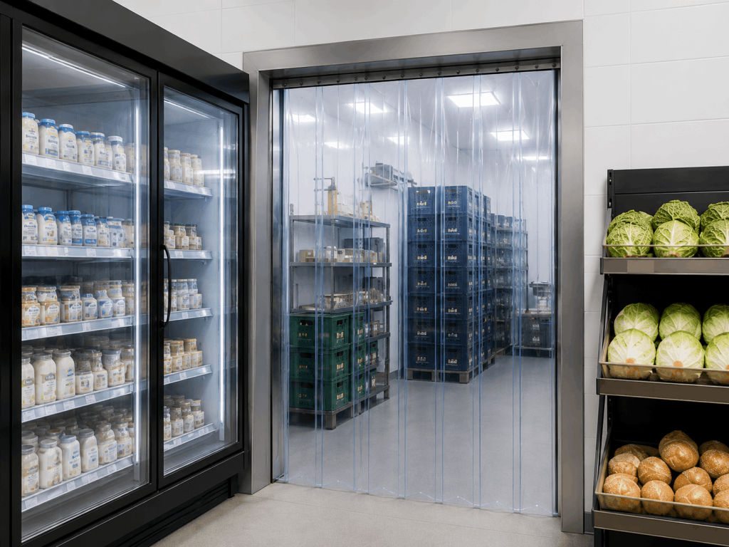 PVC kälteschutz Lamellen, PVC-Streifenvorhang im Supermarkt zur Abtrennung zwischen Verkaufsraum und rückwärtigem Kühllager.