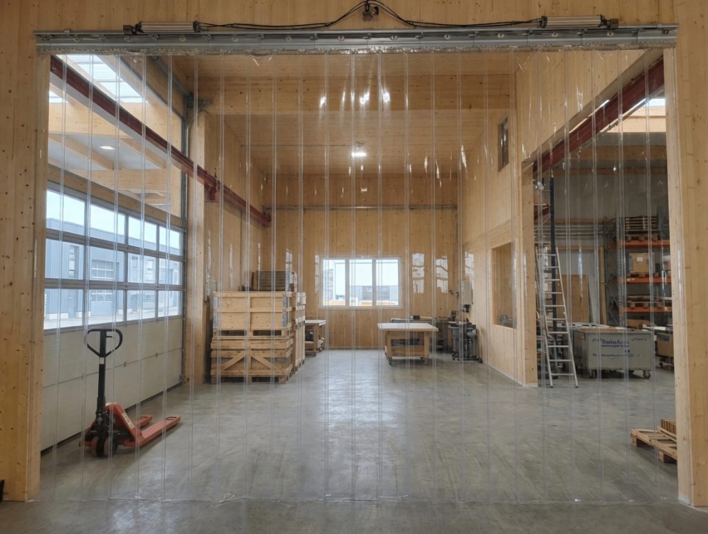 Transparente Raumtrennung in einer Lagerhalle durch einen großflächigen PVC-Streifenvorhang zur Staubminderung.