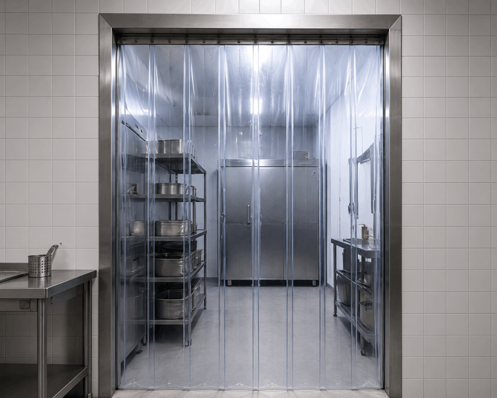 PVC kälteschutz Lamellen, Hygienischer PVC-Streifenvorhang in einer professionellen Edelstahlküche zur Abtrennung von Kühl- und Vorratsräumen.