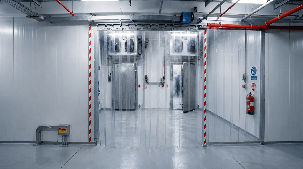 Transparenter PVC-Streifenvorhang in einem industriellen Kühlhaus zur effizienten Kälteisolierung und Vermeidung von Energieverlust.