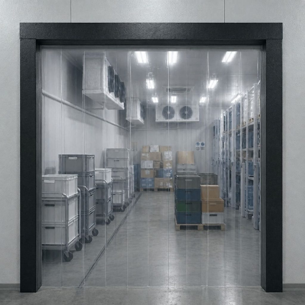 EasyHang GmbH PVC Lamellen Anwendungen - Effiziente Thermo-Isolierung. Transparenter PVC-Streifenvorhang schützt im industriellen Kühlhaus vor Energieverlust