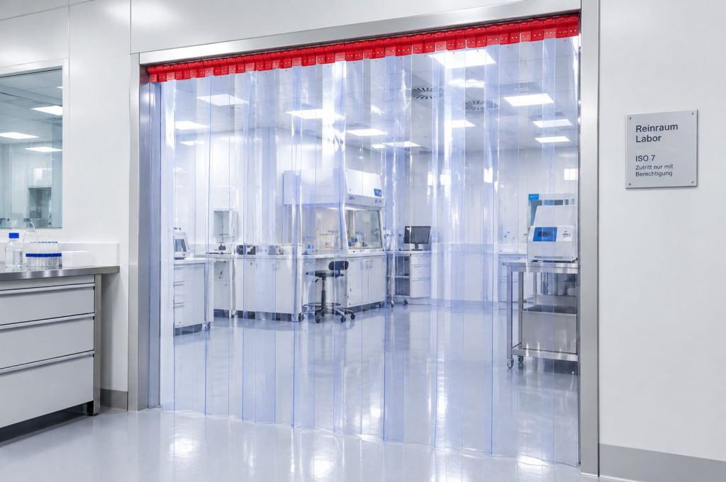 Reinraumvorhang aus transparenten PVC-Streifen als Durchgang zu einem Reinraumlabor – EASY HANG