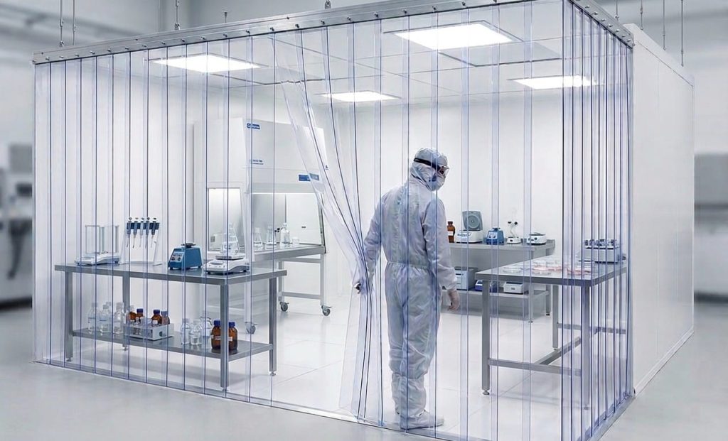 Antistatischer PVC-Streifenvorhang als Reinraum-Abtrennung um einen Laborarbeitsplatz – EASY HANG