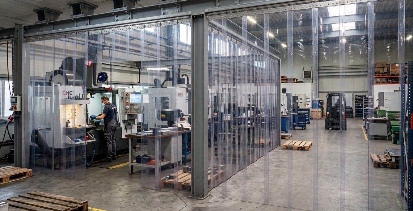 Transparente PVC-Einhausung als Schallschutz um CNC-Maschinen in der Fertigung – EASY HANG GmbH